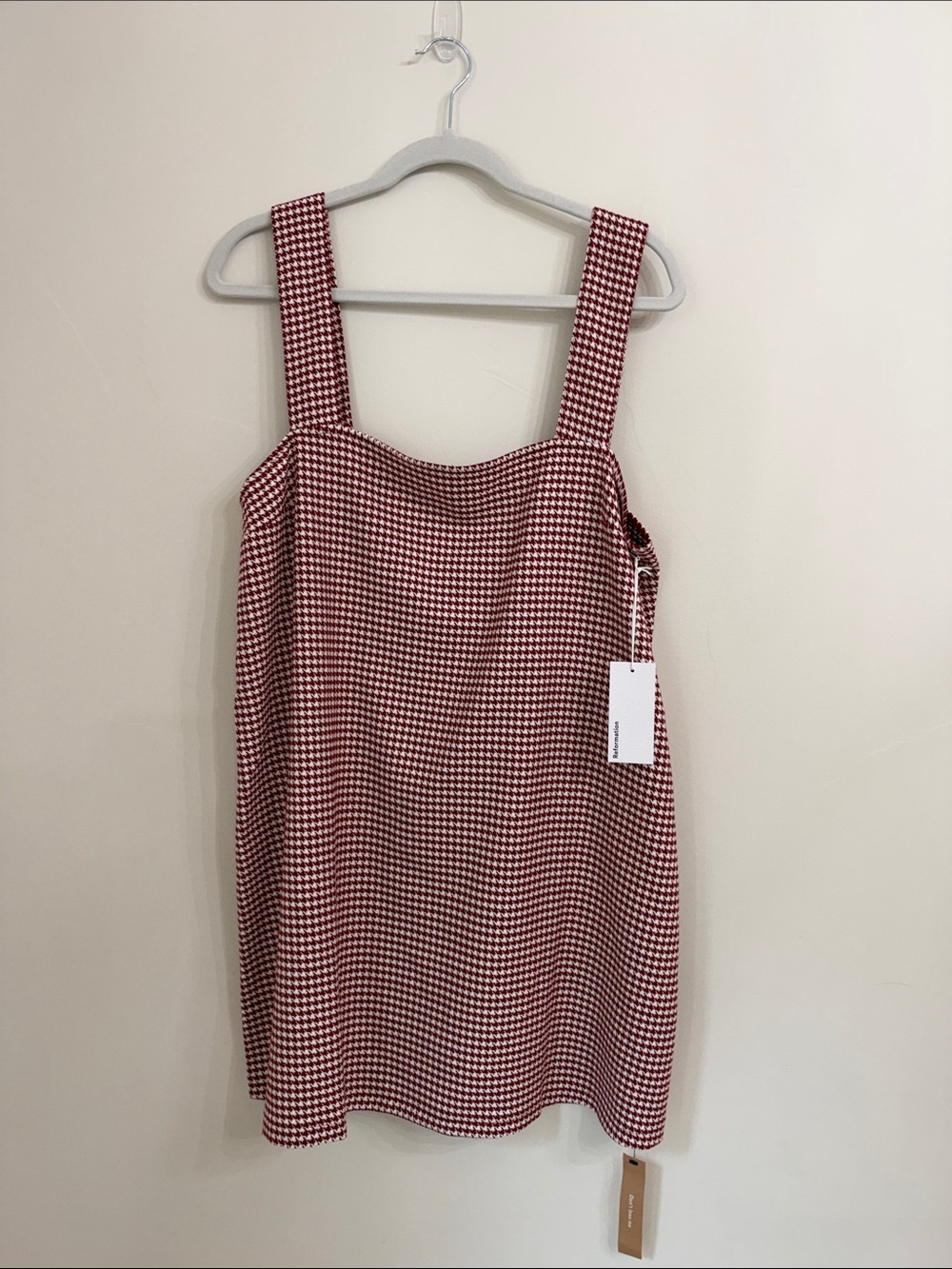 Reformation Women's Red Houndstooth Square-Neck Dress, XL